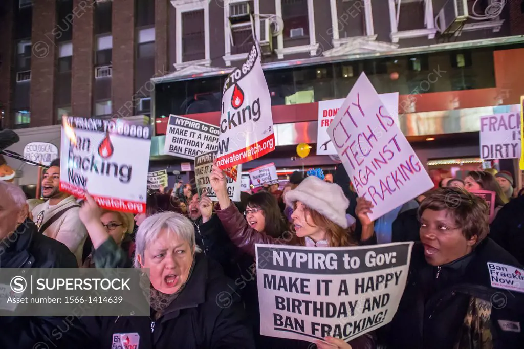 Hundreds of environmental activists protest in front of Roseland Ballroom in New York where NYS Gov. Andrew Cuomo is holding his birthday fundraiser f...