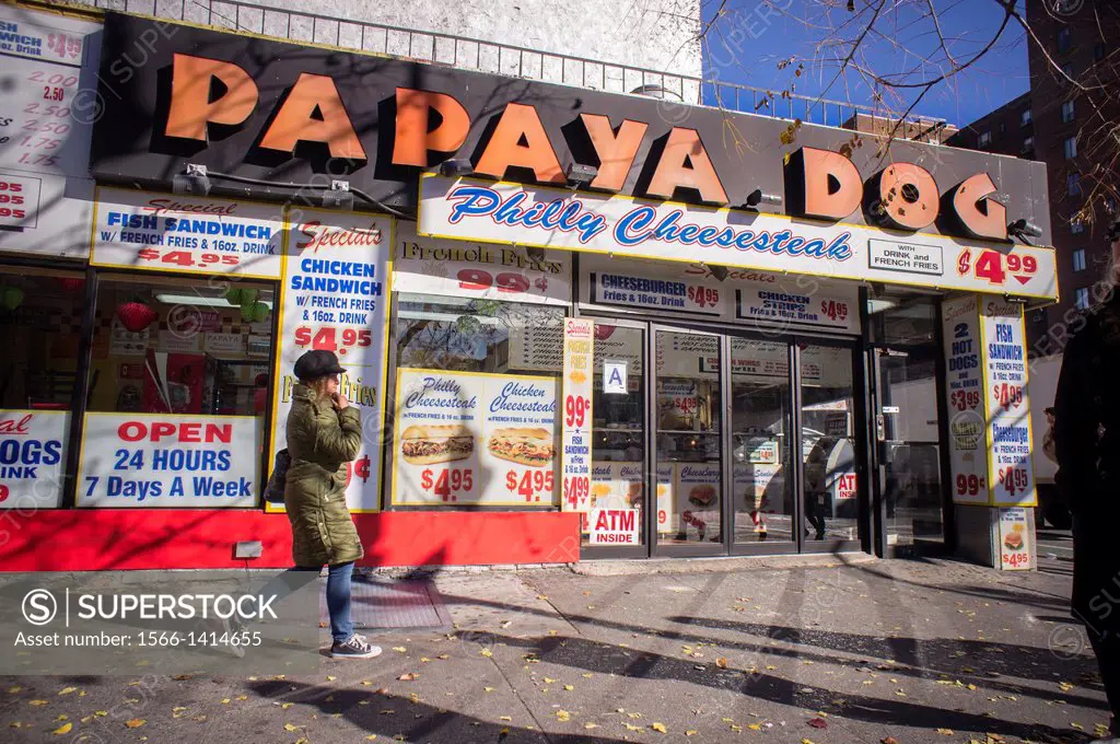 A Papaya Dog fast food restaurant in the East Village neighborhood of New York