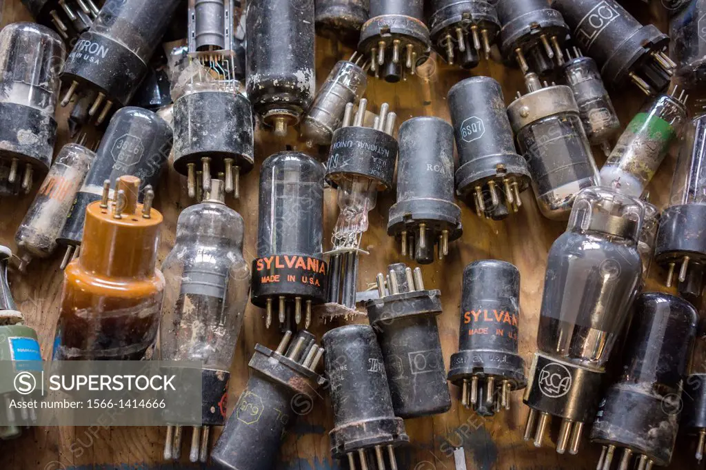 A collection of vintage vacuum tubes in a second-hand dealers store in New York