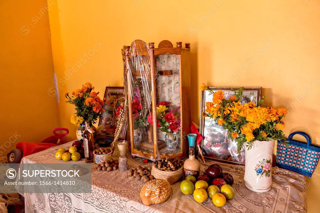 A Zapotec style altar with offerings during the Day of the Dead festival known in spanish as Da de Muertos October 30, 2013 in Teotitlan, Mexico.
