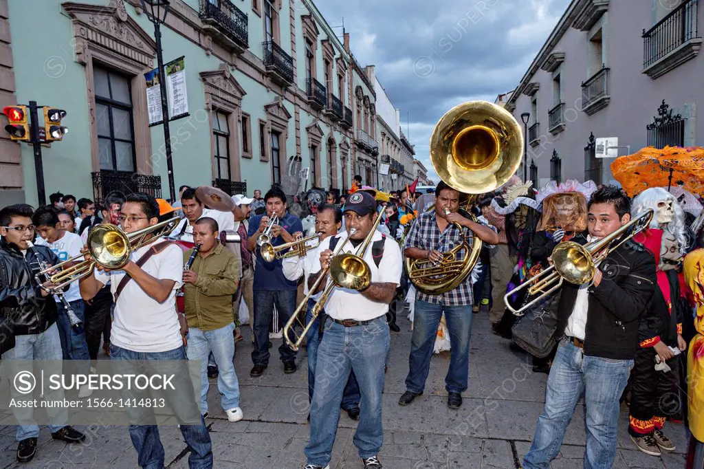 A Mexican brass band takes part in the Day of the Dead festival known in spanish as Día de Muertos in Oaxaca, Mexico.