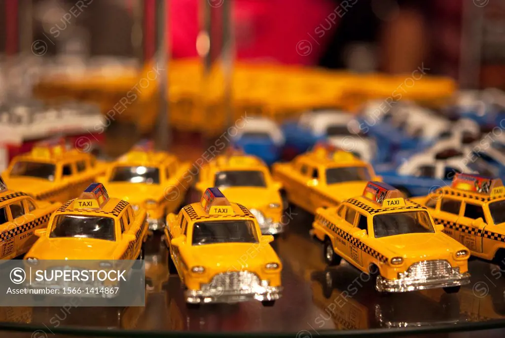 New York taxi toy car displayed in a souvenir store.