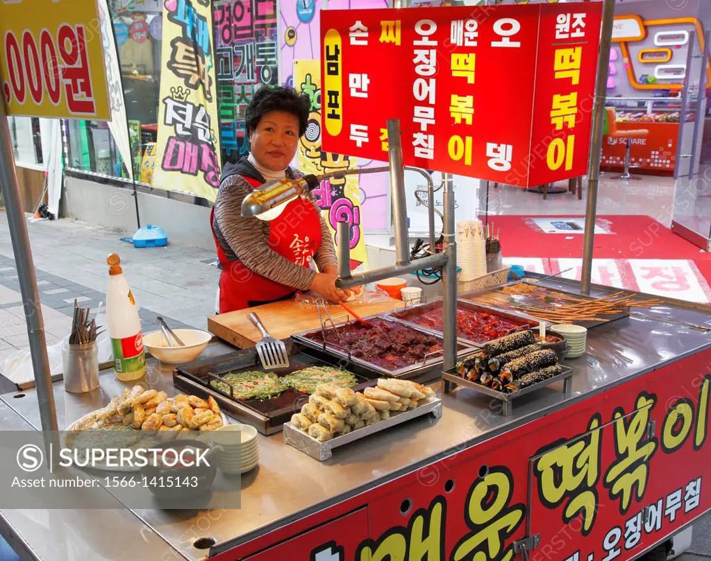 South Korea, Busan, street food stall,.