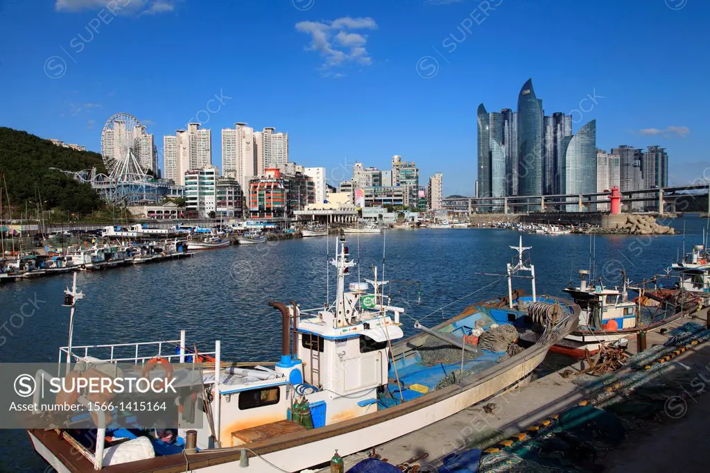 South Korea, Busan, skyline, harbor, fishing boats,.