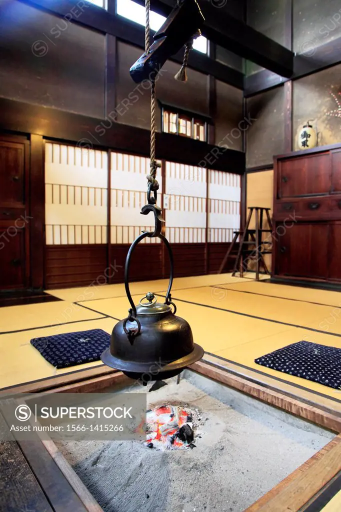 Japan, Hida, Takayama, Yoshijima Heritage House, interior, fireplace,.