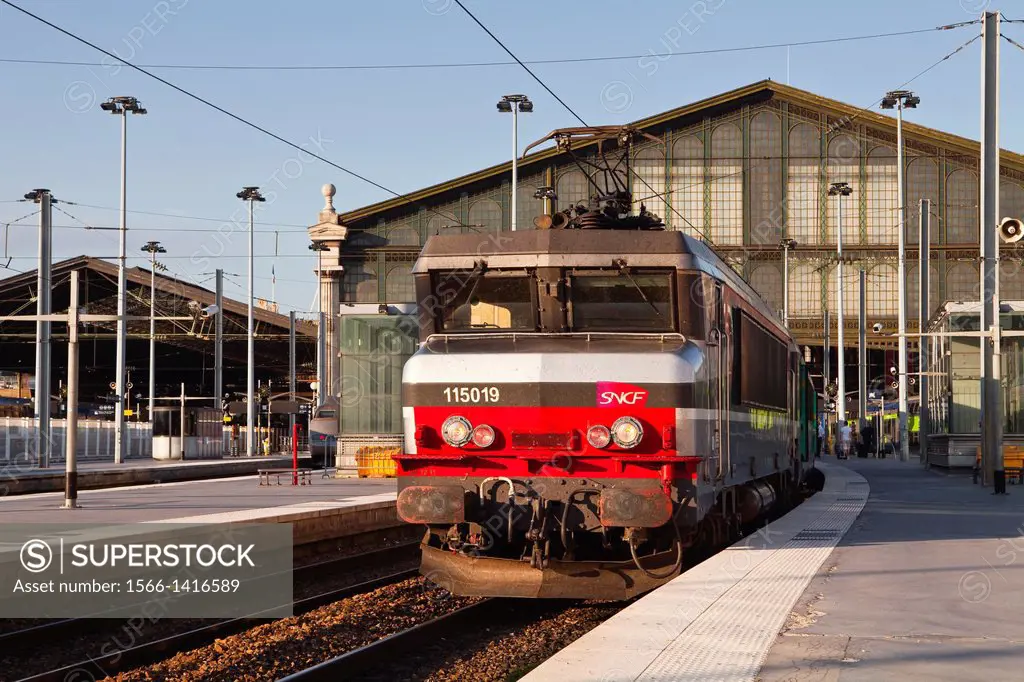An intercity express train awaits departure at Gare du Nord station in Paris.
