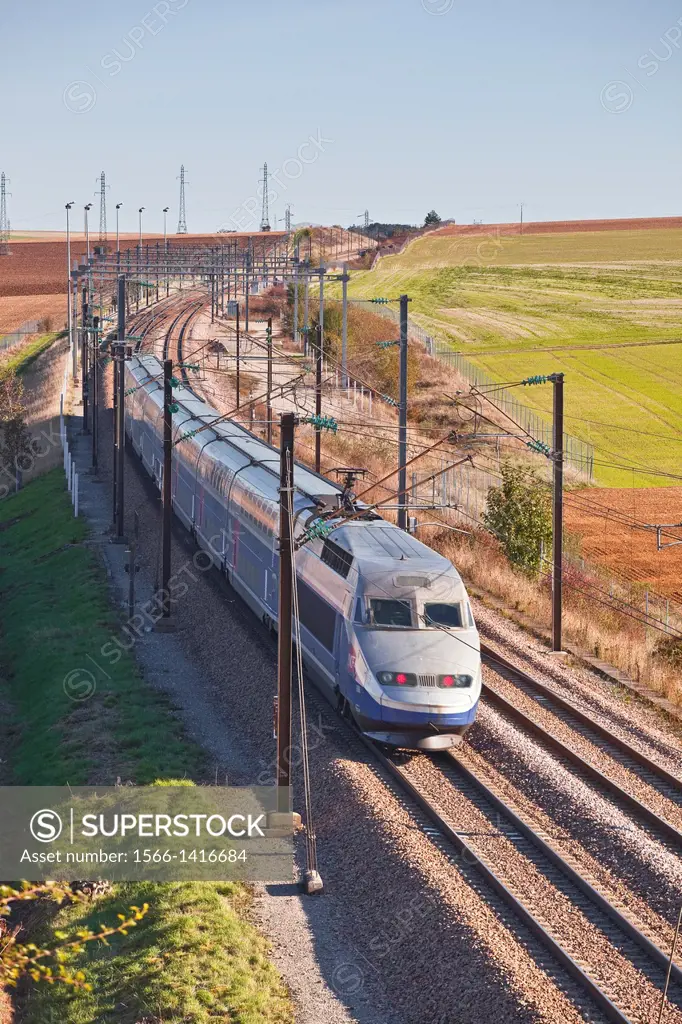 A TGV speeds through the Burgundy countryside of France.