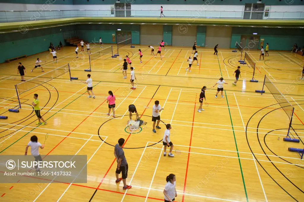 China, Hong Kong, Island, Central, Hong Kong Park Sports Centre, center, badminton courts, indoor, gymnasium, Asian, girl, boy, student, playing game,...