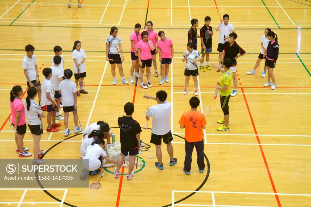 China, Hong Kong, Island, Central, Hong Kong Park Sports Centre, center, badminton courts, indoor, gymnasium, Asian, girl, boy, student, teen, teacher...