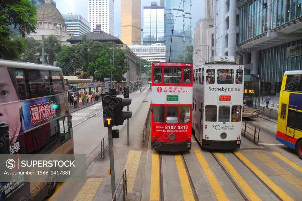China, Hong Kong, Island, Central, Des Voeux Road Central, double decker tram Tramways, public transportation, bus, tracks, Cantonese Chinese characte...