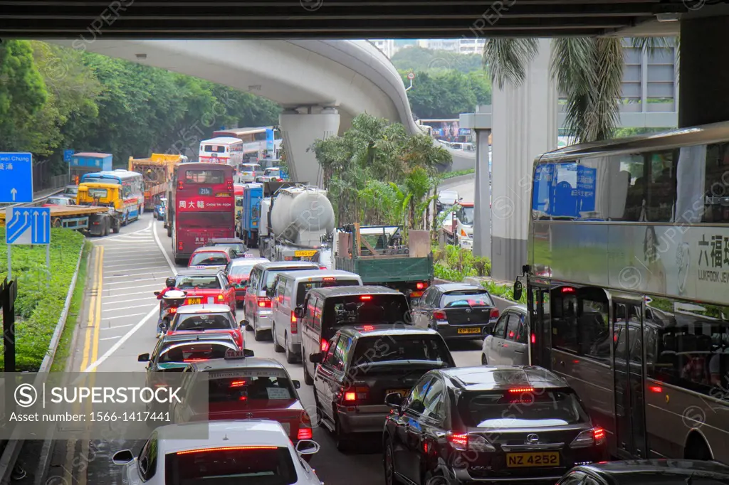 China, Hong Kong, Kowloon, East Kowloon Corridor, highway, traffic, cars, bus, merging,.