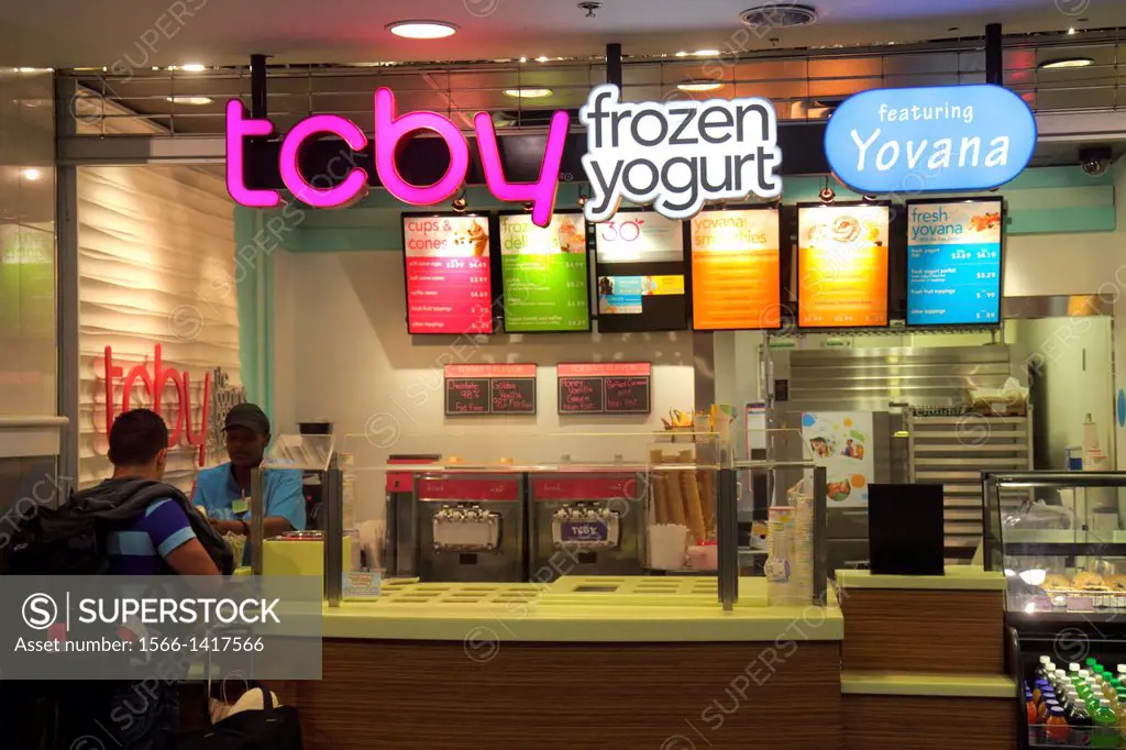 North Carolina, Charlotte, Charlotte Douglas International Airport, CLT, terminal, concourse, gate area, TCBY Frozen Yogurt, counter, dessert, Black, ...