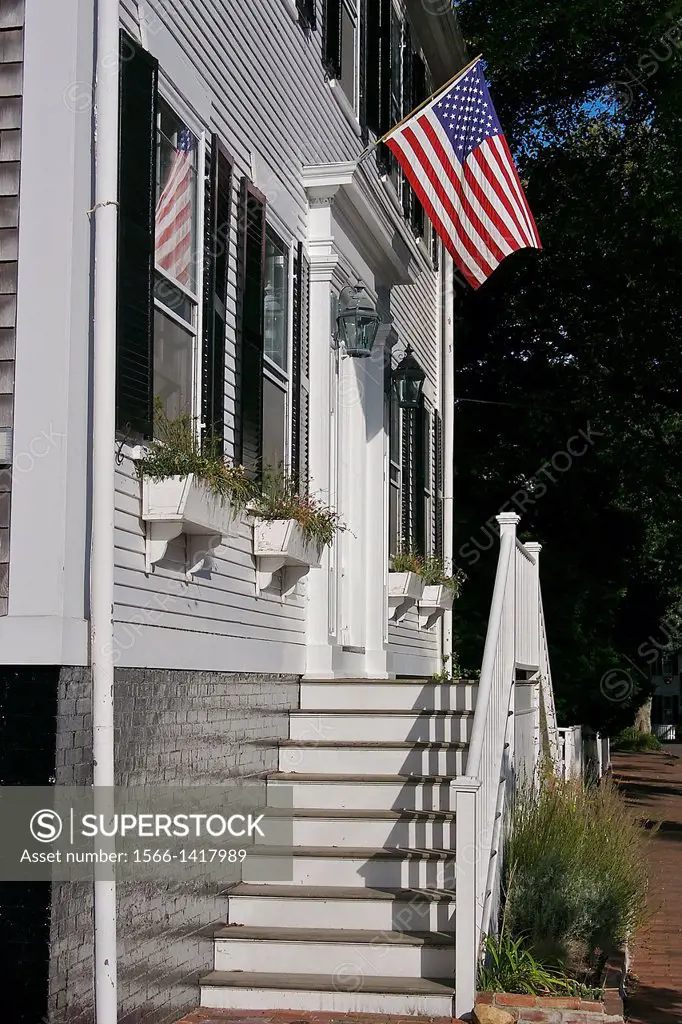 Steps leading to the entrance of an old house in Nantucket Town, Nantucket, Massachusetts, United States.