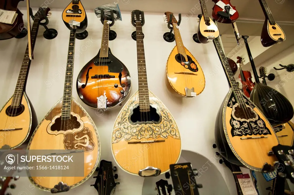 Musical instruments in shop at the town center, Little Venice, Mykonos, Cyclades Islands, Greek Islands, Greece, Europe.