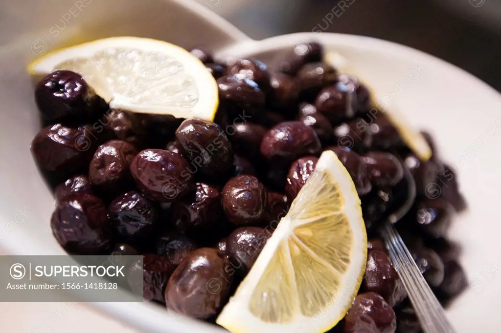 Still-life photo of Olives with Lemon, Istanbul, Marmara Province, Turkey, Europe.