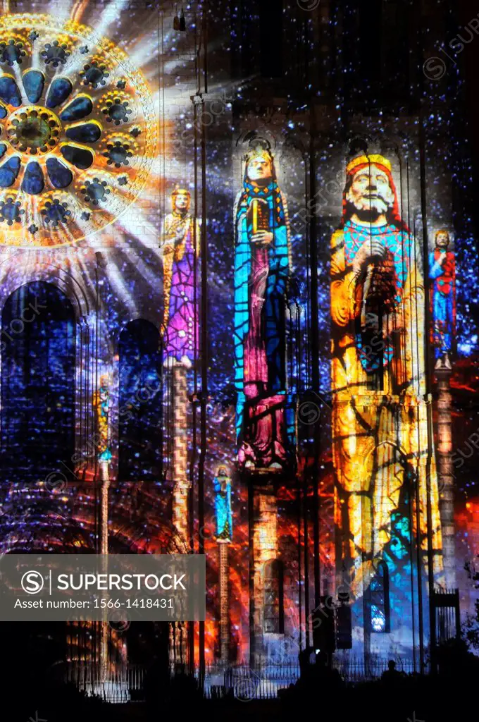 ´Chartres en Lumières´, Lights of Chartres, light show on Chartres cathedral, Chartres, Eure-et-Loir, Centre, France. Lighting designer : Benoît Quero...