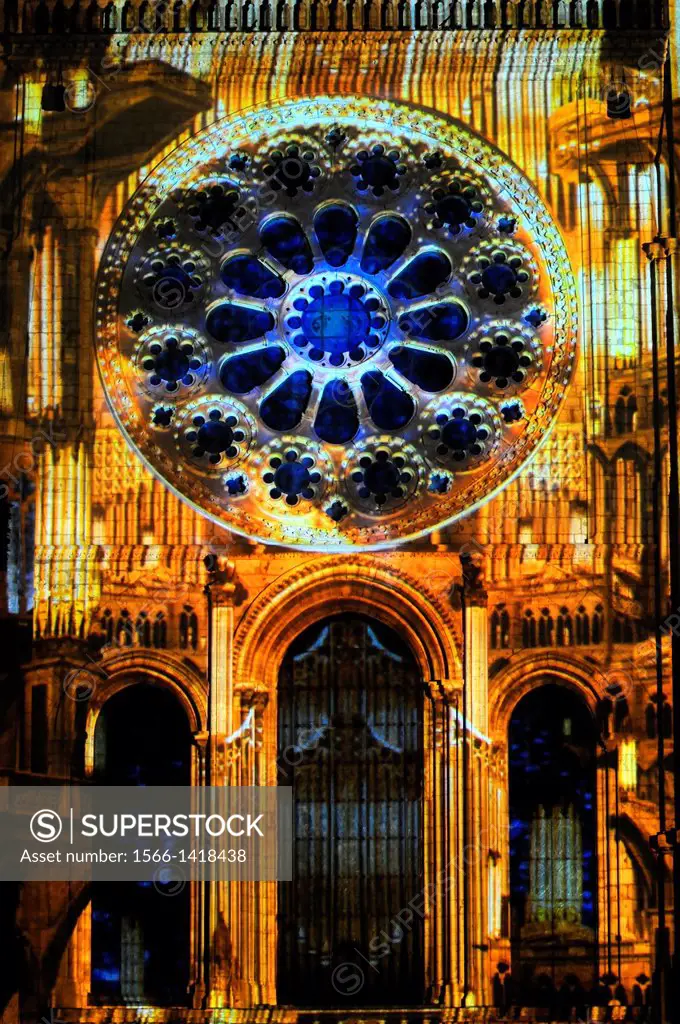 ´Chartres en Lumières´, Lights of Chartres, light show on Chartres cathedral, Chartres, Eure-et-Loir, Centre, France. Lighting designer : Benoît Quero...