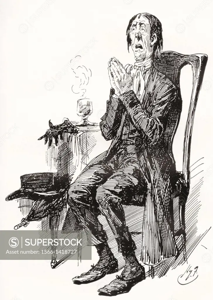 Stiggins. Illustration by Harry Furniss for the Charles Dickens novel The Pickwick Papers, from The Testimonial Edition, published 1910.