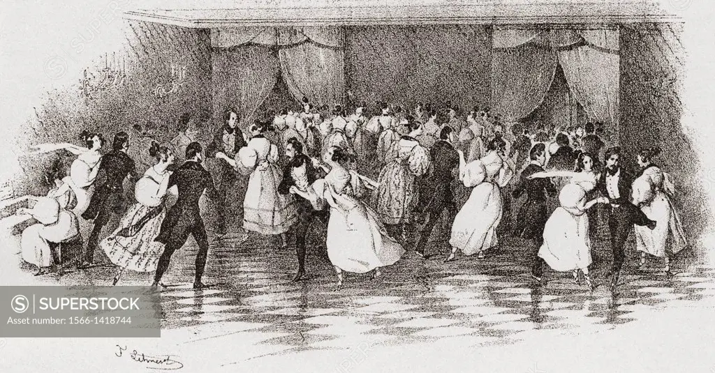Dancing the polka at a ball in 1830. From Illustrierte Sittengeschichte vom Mittelalter bis zur Gegenwart by Eduard Fuchs, published 1912.