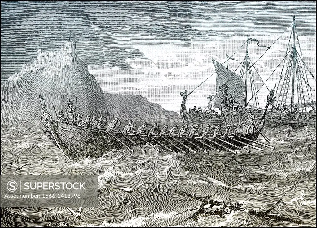 Landing Danes in England, 787, invasion with viking longships.