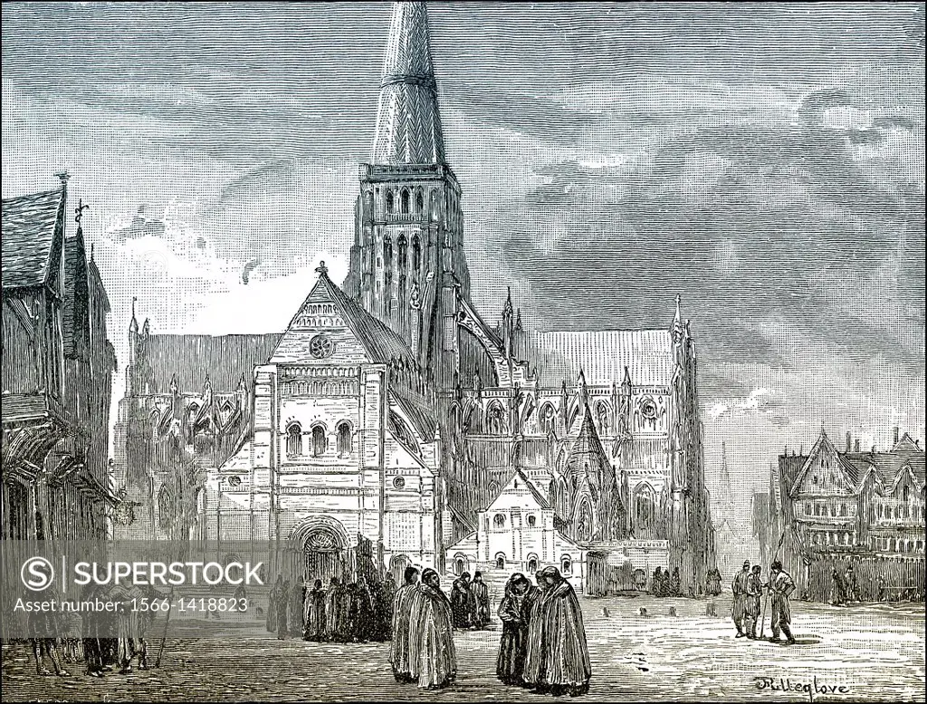depiction of the 14th Century predecessor of St Paul´s Cathedral, a cathedral in London, England, United Kingdom, Europe.