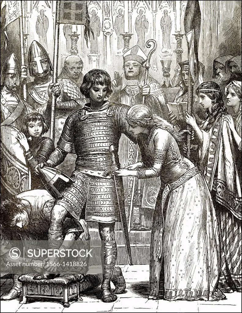 Illustration of initiation into the order of Knighthood, England, 11th Century.