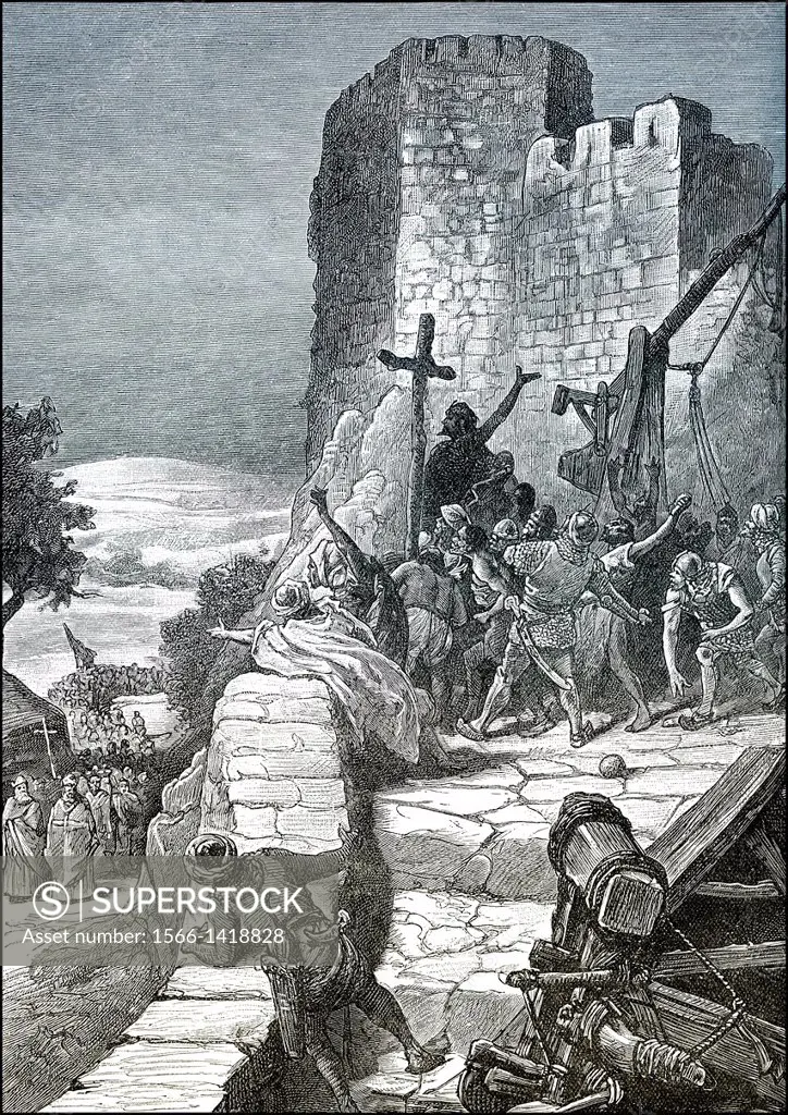 Illustration of the procession of the Crusades around the walls of Jerusalem in 1099.