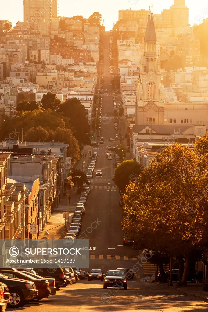 Filbert Street with Saint Peter and Paul Catholic Church at sunset,San Francisco,California,USA