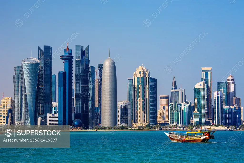 Qatar , Doha City, The Corniche , West bay skyline.