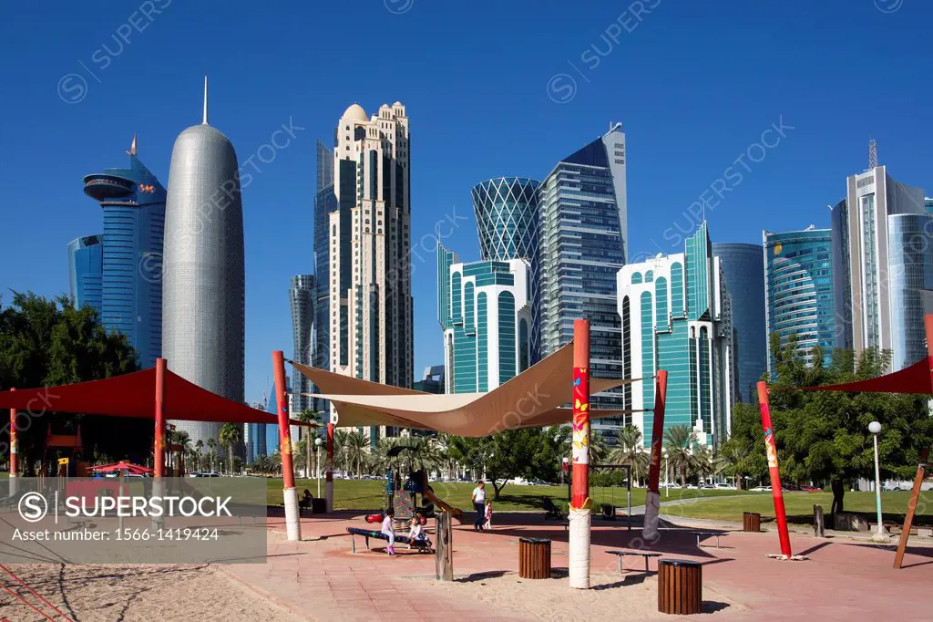 Qatar , Doha City, The Corniche , West Bay Skyline, Children Park.