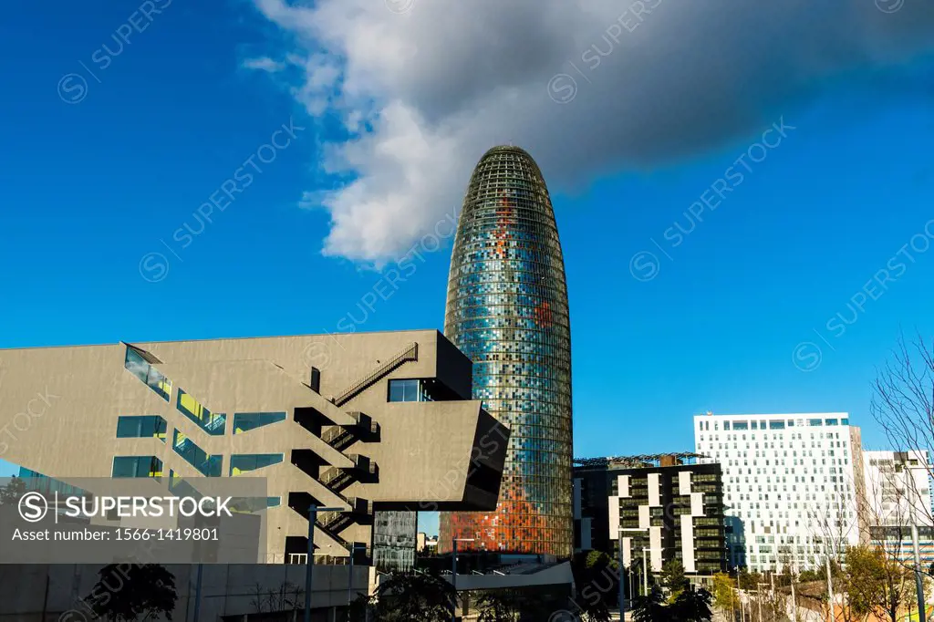 BARCELONA, SPAIN : Torre Agbar in the Poblenou neighborhood in Barcelona, Spain. Owned by the Agbar Group, it is a 38-story skyscraper / tower and a f...