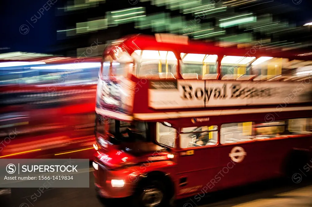 London´s iconic bus at night, London, UK.
