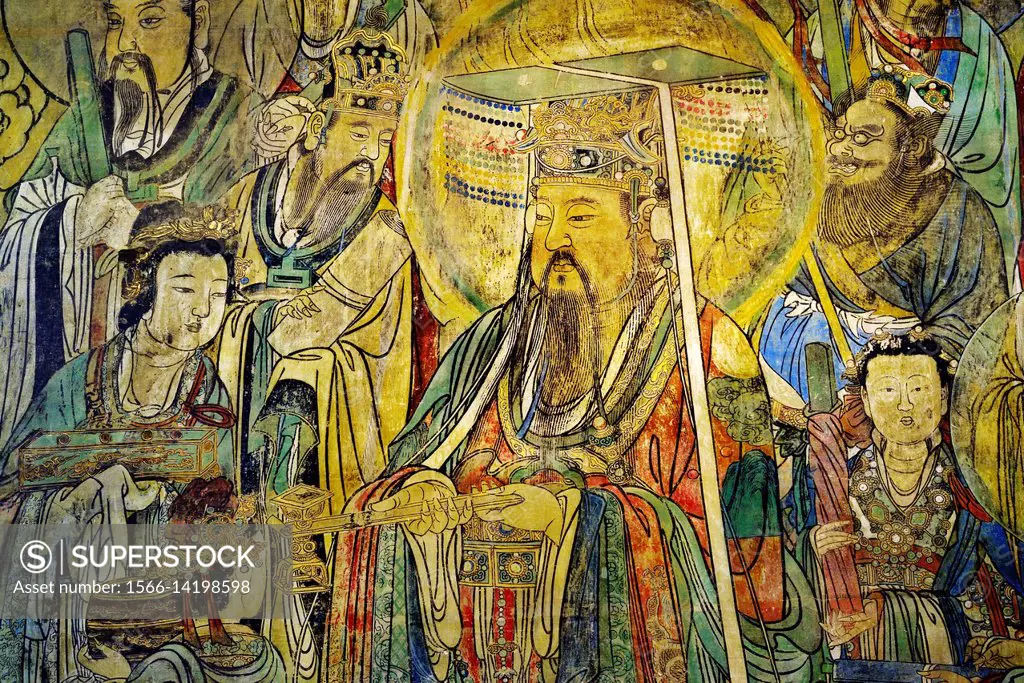 Yuan Dynasty. Detail of Taoist Deities Visit the Celestial Worthy of the Original Beginning. Mural from Pure Trinity Hall, Yongle Palace, Shanxi China...