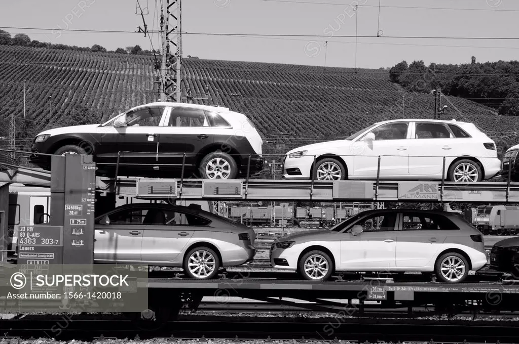 New Audi cars on a freight train car