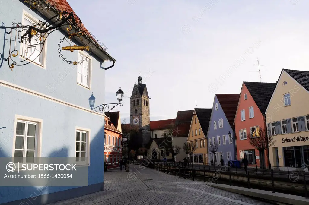 View on old town houses and the historic Church of Women in Memmingen / Bavaria