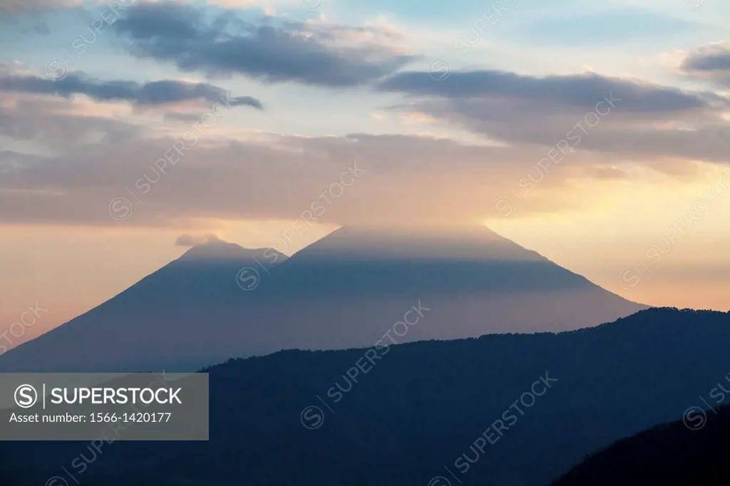 Guatemala, Acatenango and Fuego Volcanos, Sunset.