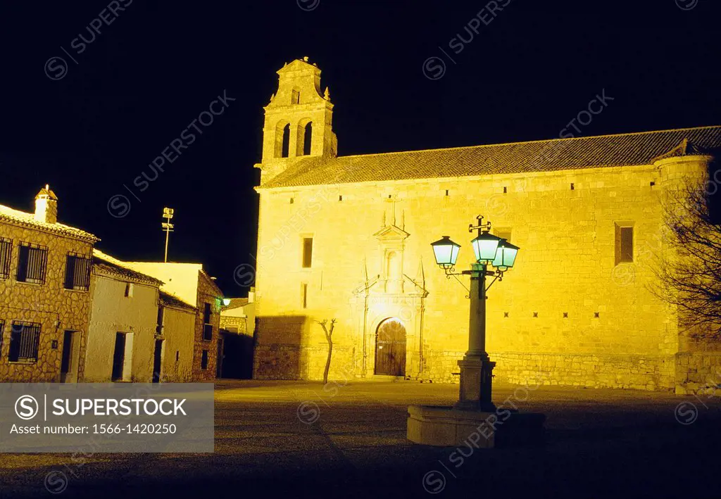 San Juan bautista church, night view. Infante Don Juan Manuel Square, Alarcon, Cuenca province, Castilla La Mancha, Spain.