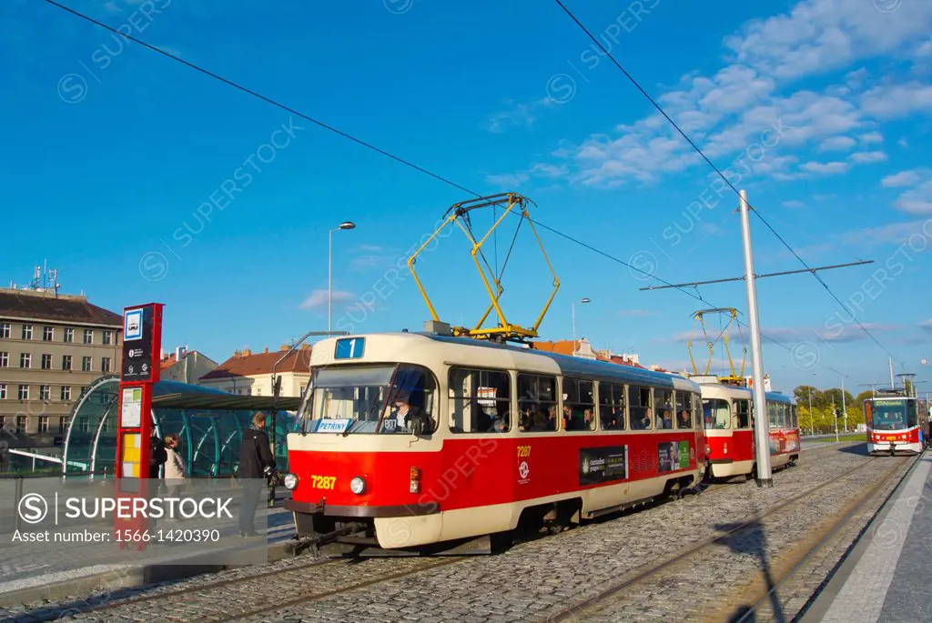 Hradcanske namesti square tram stop Prague Czech Republic Europe.