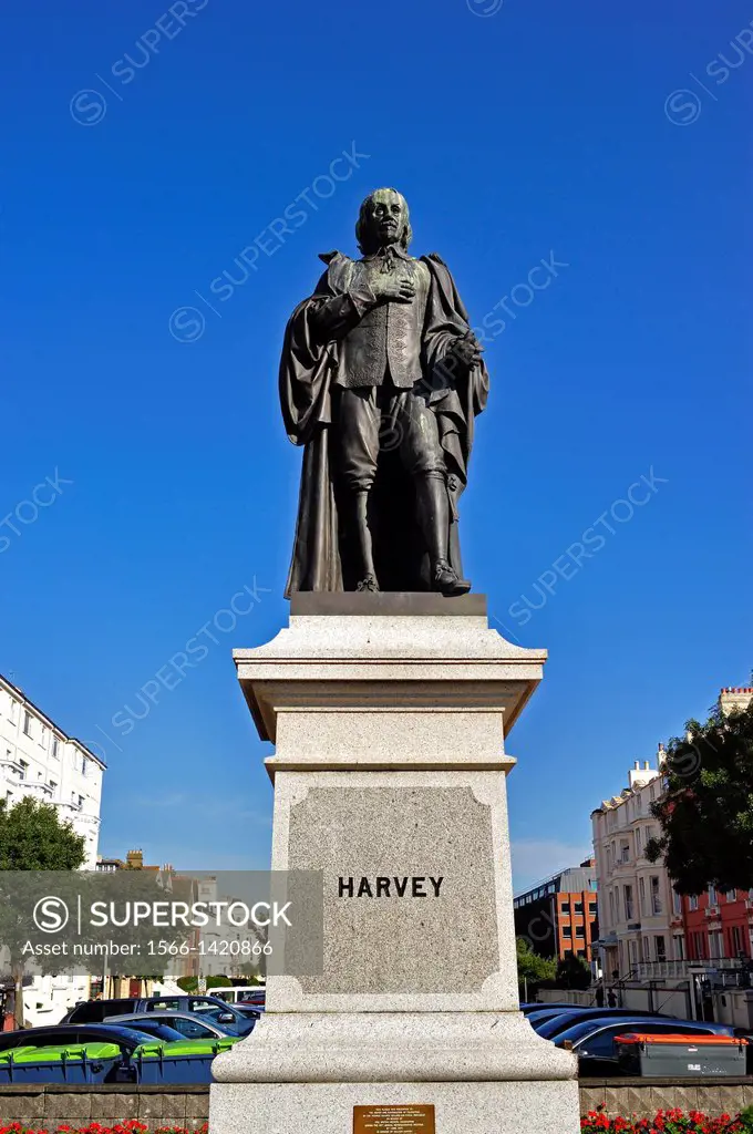 statue of William Harvey, 1578 to 1657, discoverer of blood circulation, Folkestone, Kent, England.