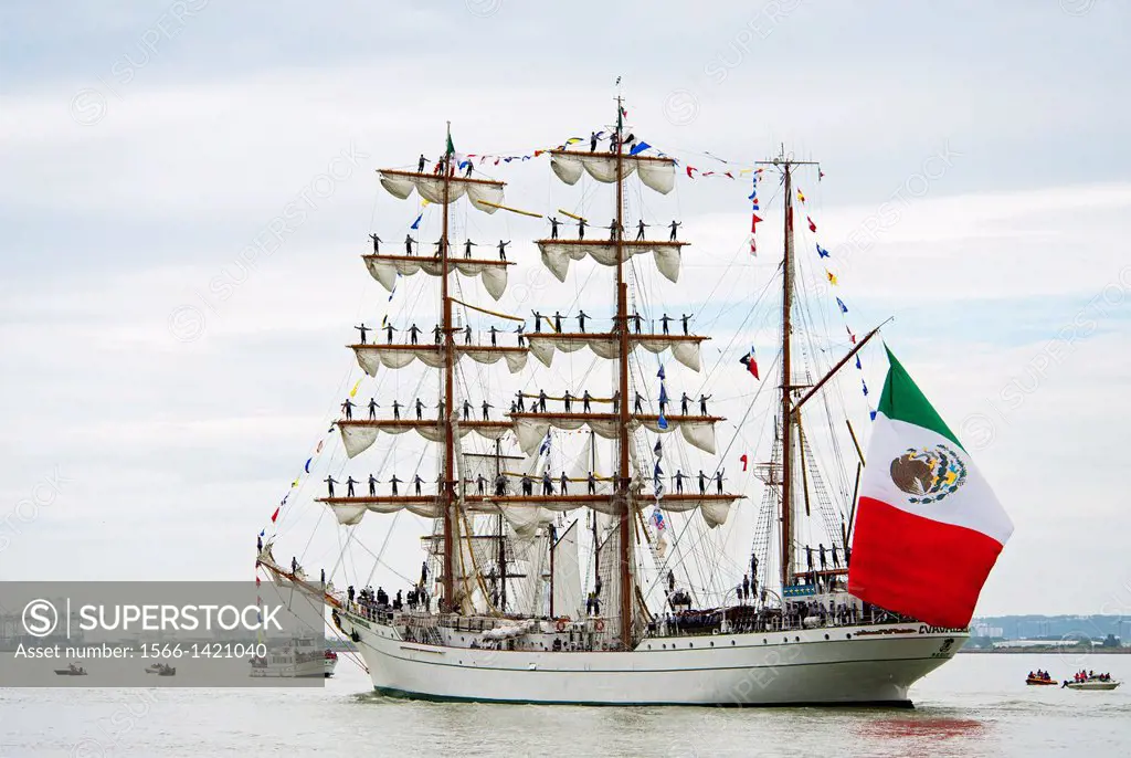 sailors on Cuauhtémoc - Mexican sailing vessel seen from Honfleur, Armada 2013 - cruise of biggest sailing vessels in the world on Seine river from Ro...
