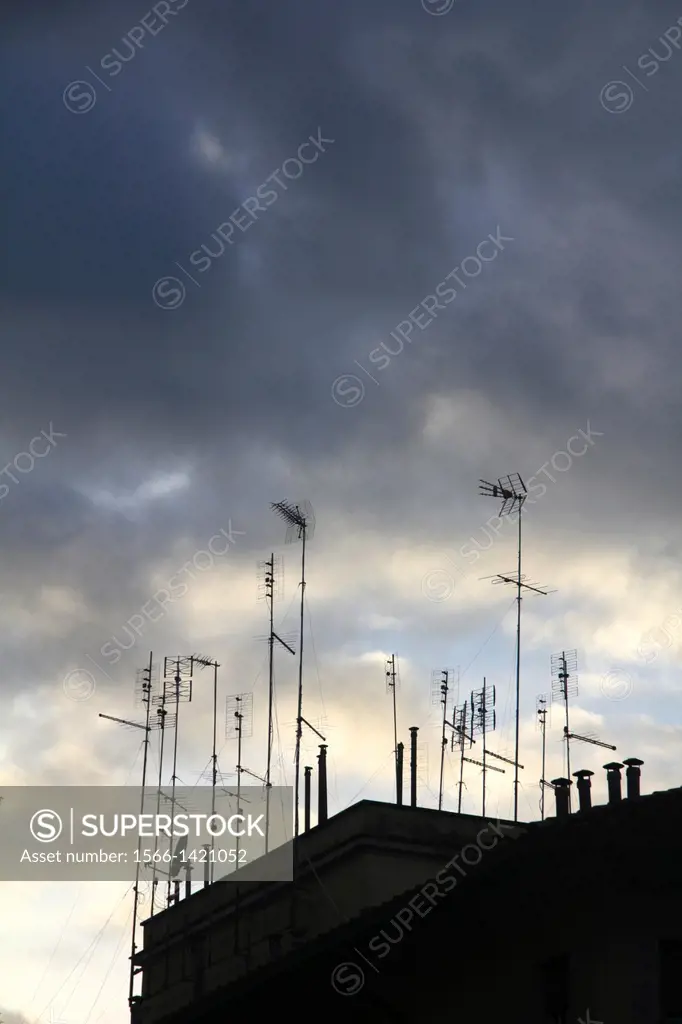 tv antenna on rooftops in rome italy