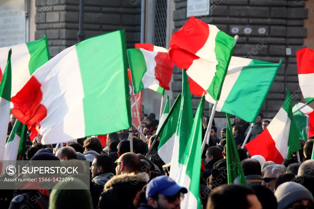 Rome, Italy 18 December 2013 The ´´pitchfork movement´´ protesters in Piazza del Popolo square, Rome, Italy