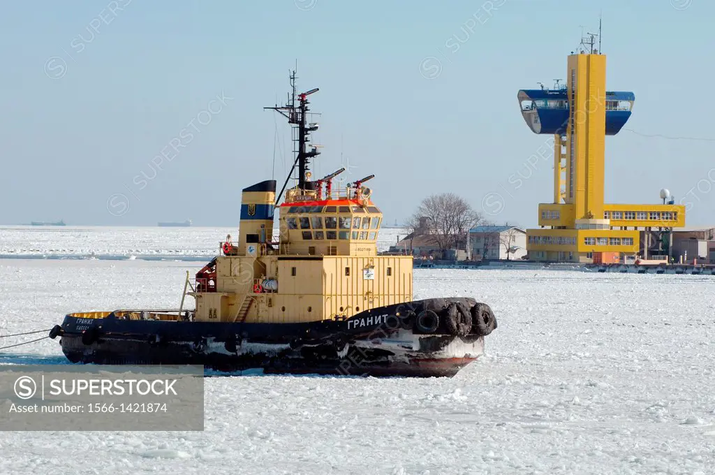 The Odessa seaport is blocked by ice, frozen Black Sea, a rare phenomenon, last time it occured in 1977, Odessa, Ukraine, Eastern Europe.