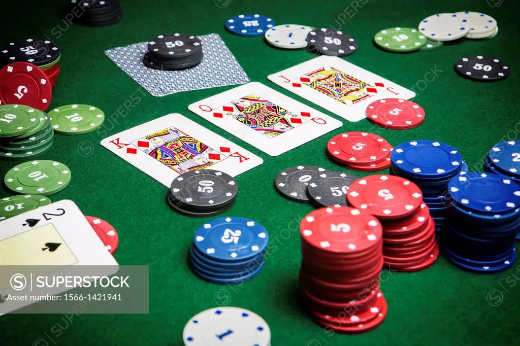 cards poker deck English, Poker game interesting with a possible winning combination on green background.