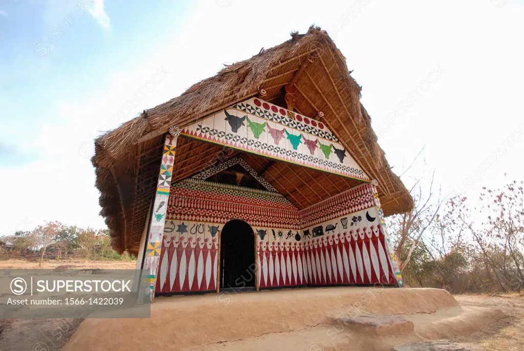 Tribal hut. Kabuinaga tribe, Manipur. Manav Sangrahalaya, Bhopal, Madhya Pradesh, India.