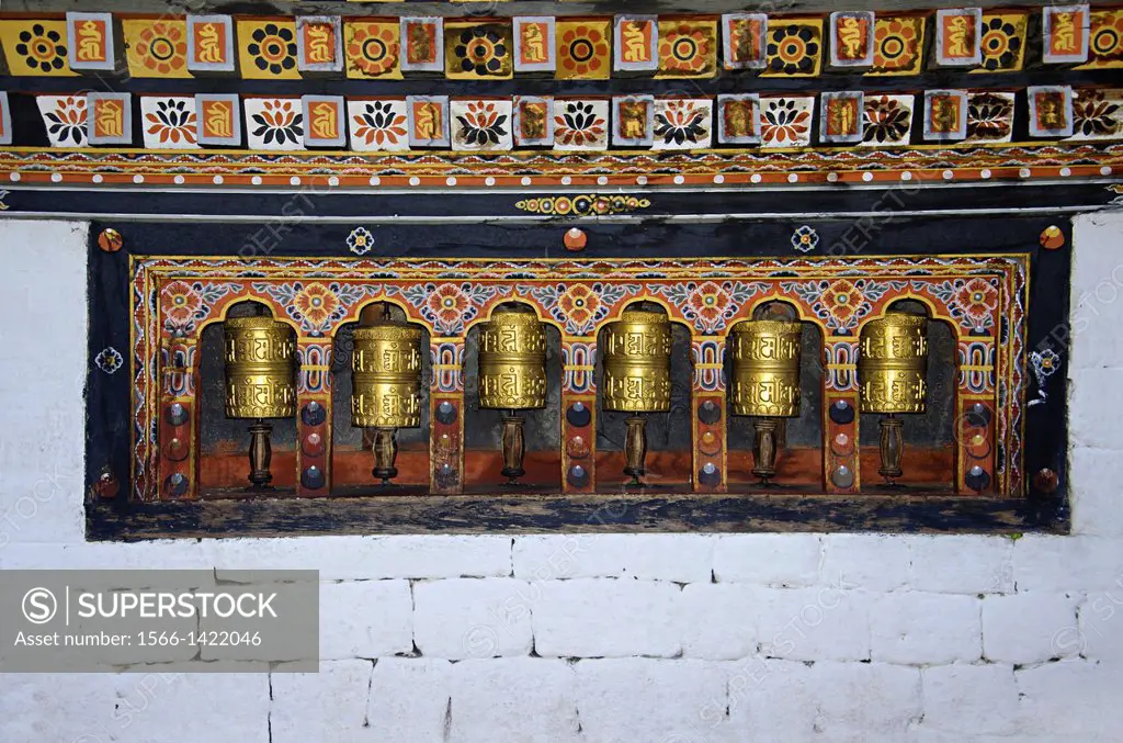 Prayer wheels located inside the Royal Palace known as Dechencholing Palace. Thimphu. Bhutan.