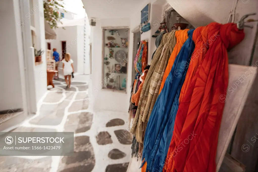 Shops in the alley of town, Mykonos, Cyclades Islands, Greek Islands, Greece, Europe.