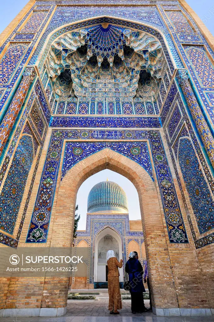 The finely decorated entrance gate of the Guri Amir mausoleum. Uzbekistan, Samarkand.