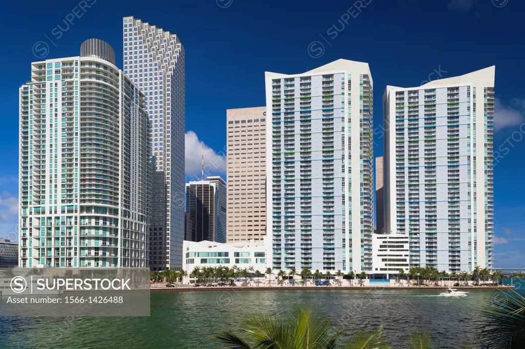 USA, Florida, Miami, city skyline from Brickell Key.