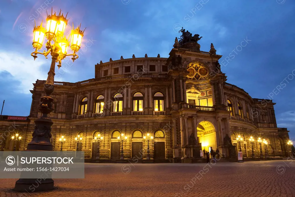 opera house Semperoper at night, Dresden, Saxony, Germany.